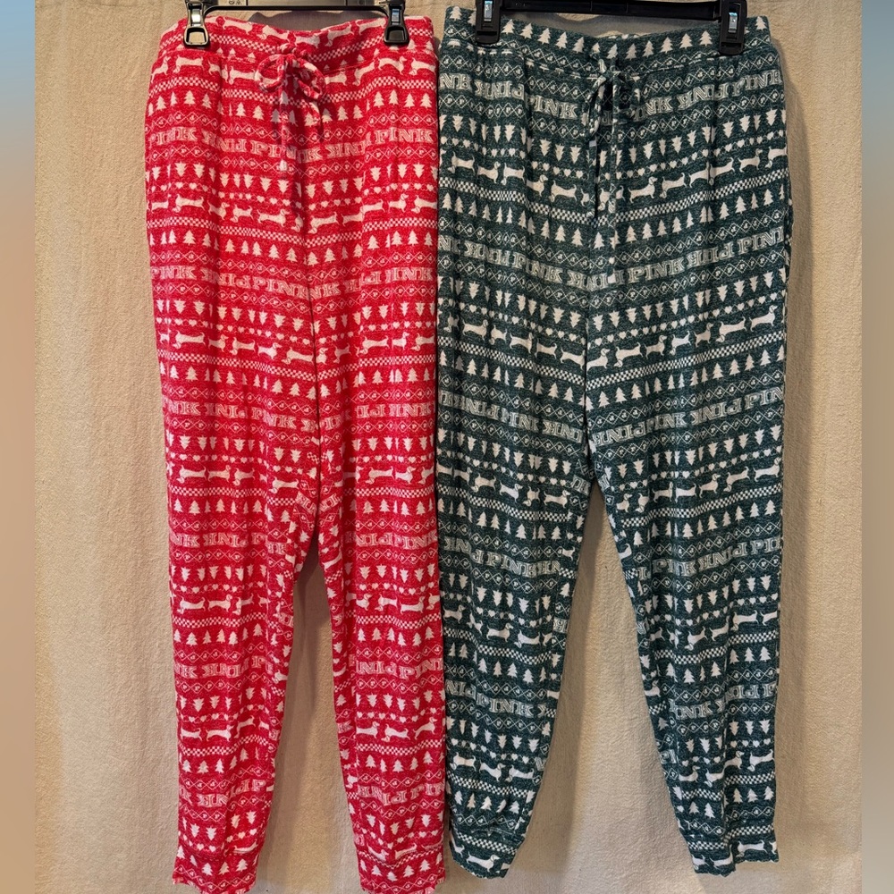 Set of TWO PINK Victoria's Secret Holiday Fair Isle Jogger Pajamas - Red & Green